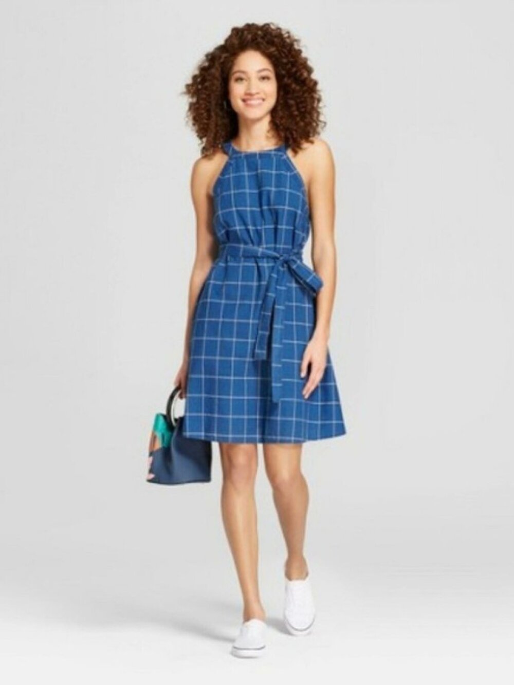 a new day Blue Windowpane Sleeveless Dress with Adjustable Tie Waist